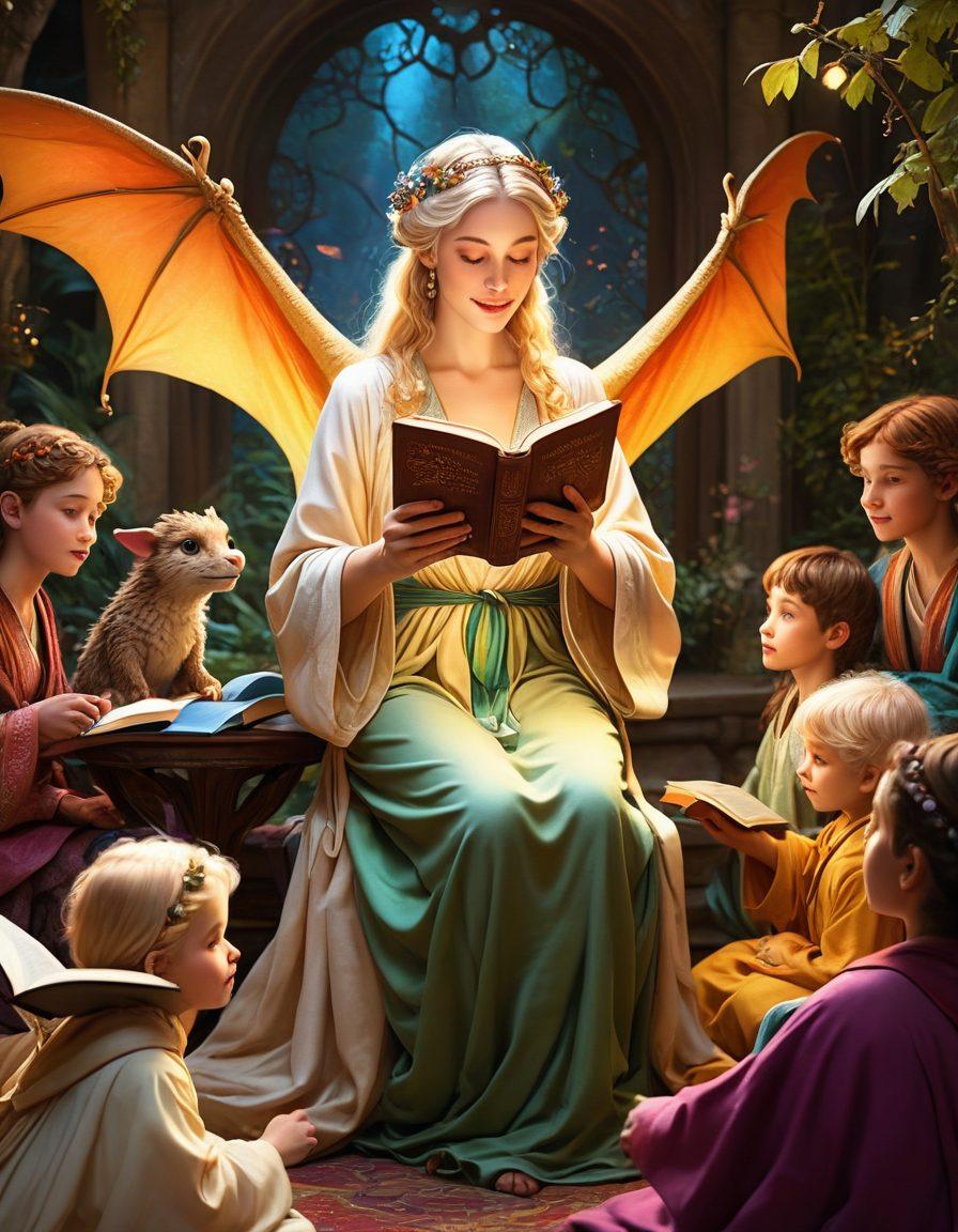 A whimsical and enchanting scene depicting a storyteller surrounded by an audience, absorbed in a vivid tale. The storyteller holds a glowing book, with colorful story elements like dragons, fairies, and magical landscapes emerging from the pages, captivating the listeners. Soft, warm lighting creates an inviting atmosphere, emphasizing the connection between the storyteller and the audience. Illustrate diverse characters, illustrating inclusivity and inspiration. vibrant colors. fantasy art. 3D.