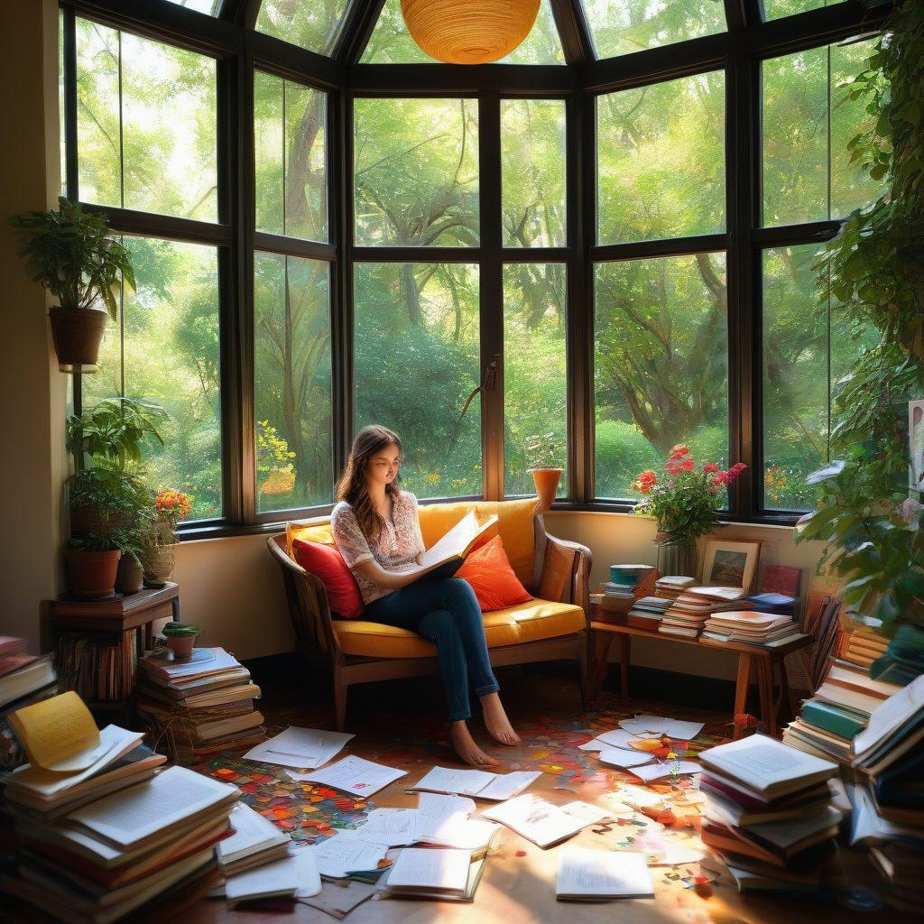 A dynamic storyteller in a cozy, sunlit room surrounded by open books and colorful notes, pen in hand, weaving vibrant ideas into words. The scene captures the essence of creativity with whimsical lines and shapes floating around, representing thoughts transforming into captivating stories. The background features a lush garden view through a window, symbolizing inspiration. cozy atmosphere. super-realistic. vibrant colors.