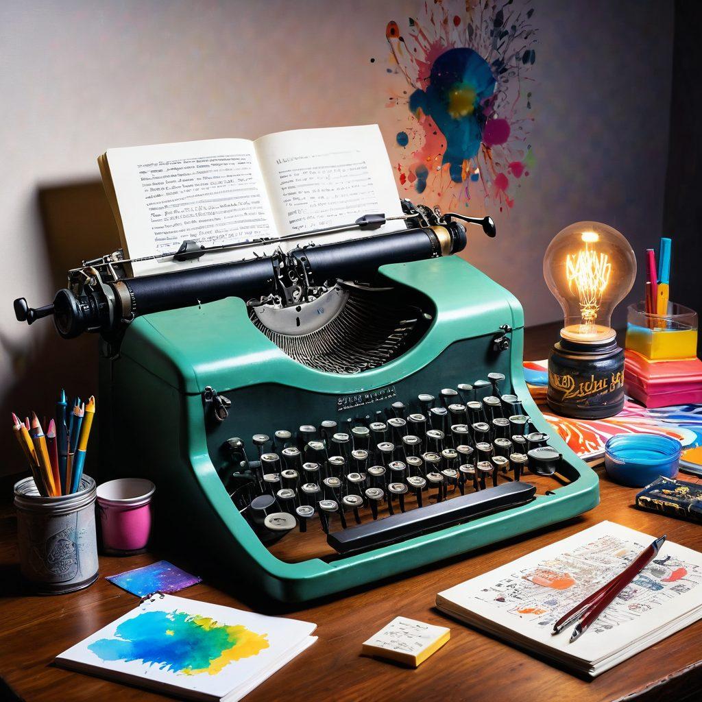 An open notebook with colorful sketches, a vintage typewriter beside it, surrounded by vibrant paint splashes and ink pots, symbolizing creativity and storytelling. A light bulb floats above the notebook, representing ideas and inspiration. The background is a blend of vivid colors, merging fantasy and reality, inviting viewers into a world of imagination. super-realistic. vibrant colors. white background.